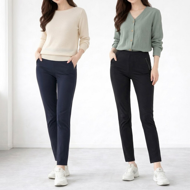 GTM [1+1] 국내 제작 여성 꿀스판 지퍼바지 일자 슬림핏 슬랙스 데일리 매직스판 허리밴딩 오피스룩 골프바지 빅사이즈