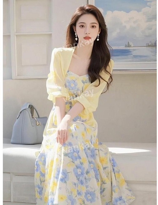 2026년 봄 도파민 의상 라이트 럭셔리 하이엔드옐로우플로럴 슬립 드레스 세트