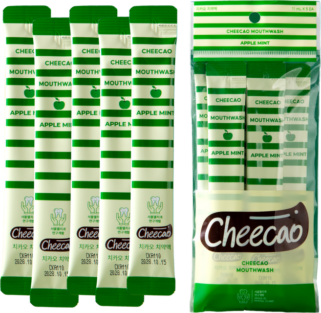 치과개발/약국 치카오 애플민트 가글 입냄새제거제 치약액 휴대용 무알콜 구강청결제 일회용 스틱, 5개, 11ml