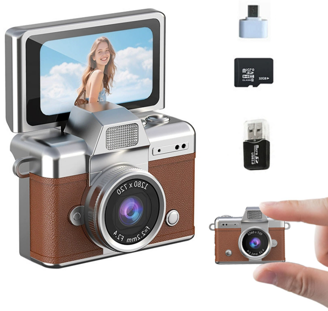 SMABAT 휴대용 y2k 빈티지 디지털 카메라 레트로 감성 카메라 초소형 초경량 카메라 키링용 SD카드 포함, 브라운
