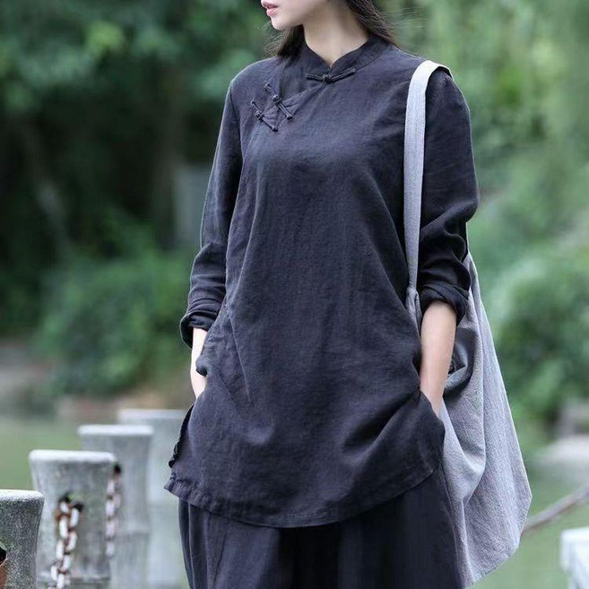 純棉棉麻套裝女 中式民族風盤扣改良旗袍上衣寬褲 居士服 禪修服 春夏新款