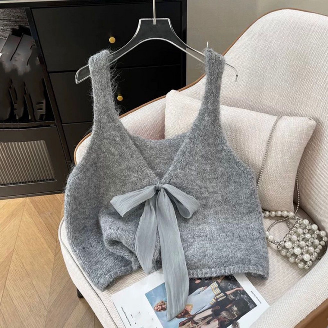 데일리 여성 레이어드 조끼 빅사이즈 리본 끈 민소매 니트 조끼 봄 가을 여자 조끼 베스트 CJJ