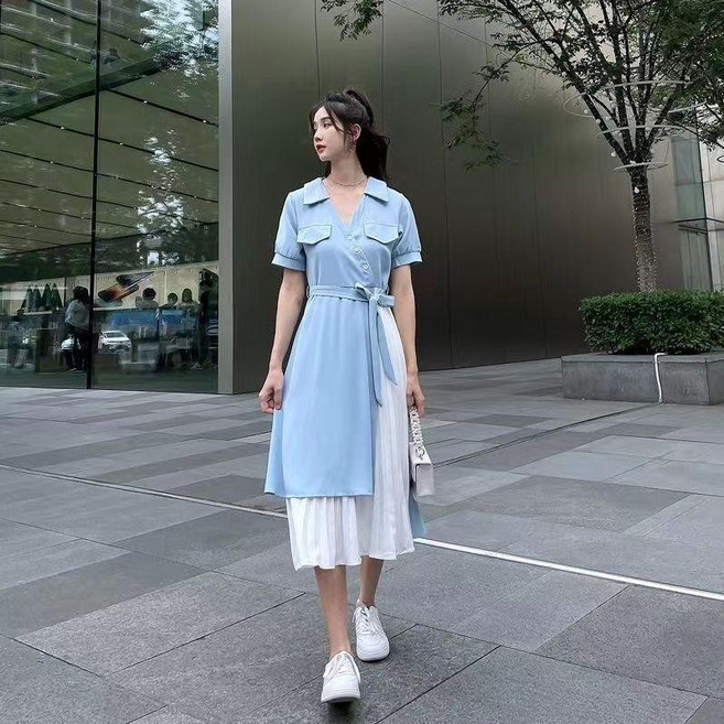 夏季新款 襯衫式雪紡連衣裙 A字收腰設計 短袖洋裝 韓版, 淺藍色,L