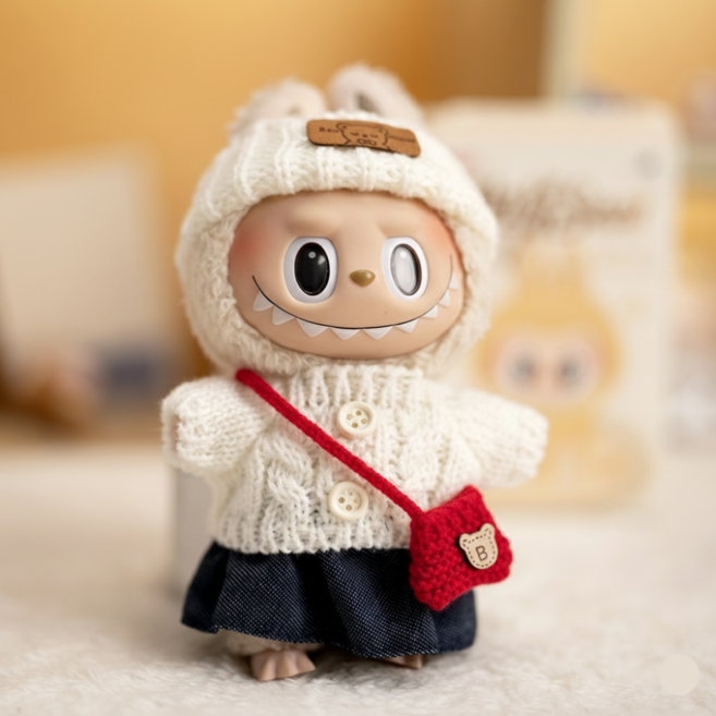 티니숲속 라부부 인형옷 스웨터 모자 바지 가방 4종 세트 인형꾸미기, 1개, 화이트