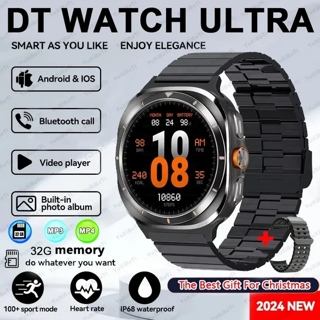 2025 신형 DT 워치 7 울트라 스마트 남성용 32GB 메모리 비디오 GPS NFC 47mm AMOLED 피트니스 스포츠 트래, 10 68Black steel strip, 01 4GB Watch