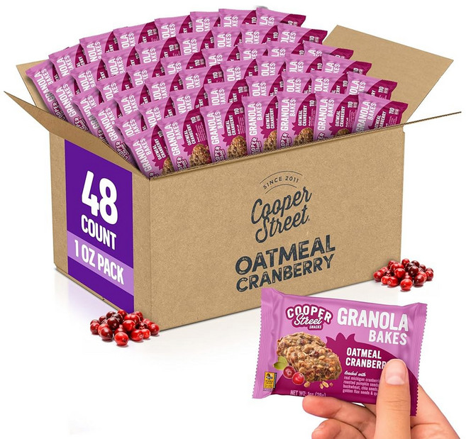 COOPER STREET 그래놀라 쿠퍼 스트리트 쿠키 베이크 치아 아마씨 메밀 귀리로 만든 쫄깃한 바 맛있는 오트밀 크랜베리 맛 개별 포장된 건강한 아침 식사 1온스 48개입, 48개 (1팩)