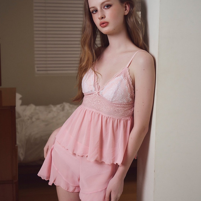 섹시쿠키 러블리 투톤 레이스 핑크 쉬폰 캐미세트