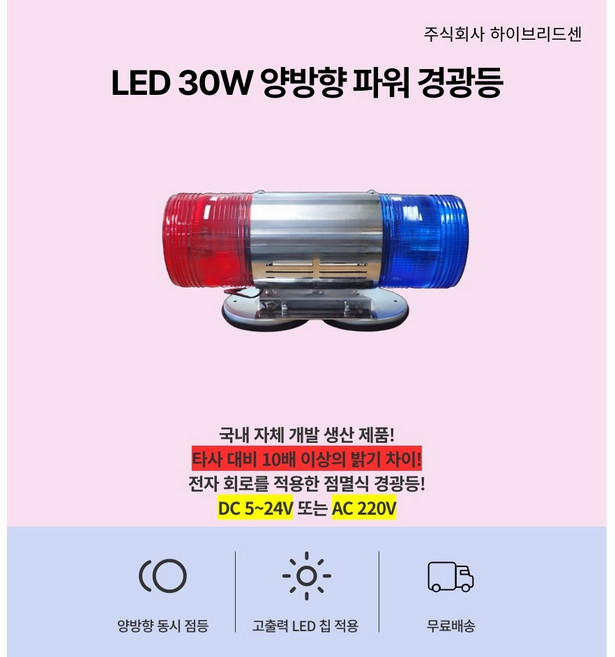 LED 30W 양방향 파워 경광등 125mm DC 5V~24V 주차장 출차 지게차 공장 상가 작업현장 차량용 순찰용[하이브리드센], 쿨화이트-쿨화이트, 1개