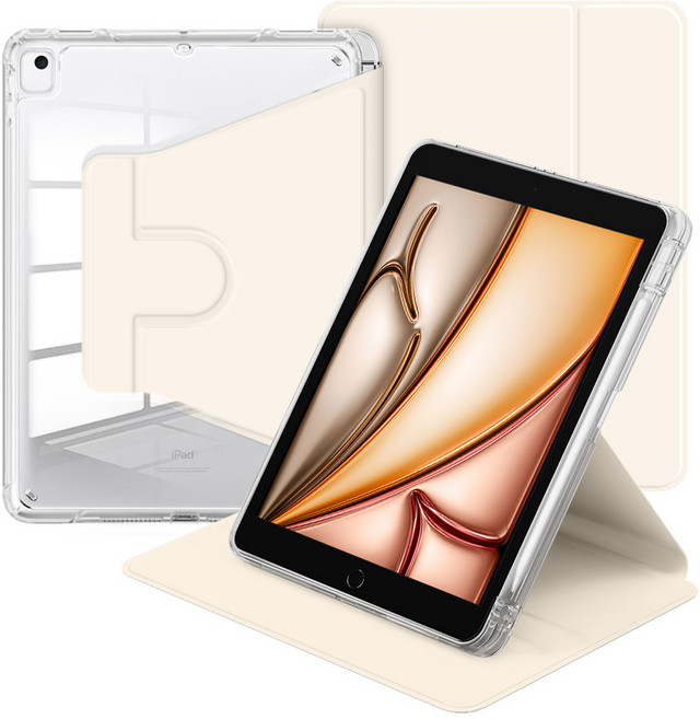 뷰씨 아이패드 스핀 케이스 360도 회전 애플펜슬 수납 투명 스마트 북커버, 바닐라크림, 1개