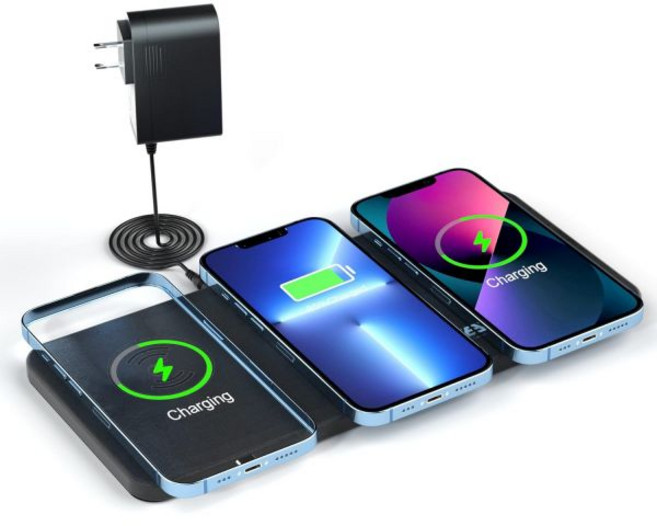 트리플 무선 충전 패드 - Apple iPhone 호환15141312 ProMaxPlus AirPods Qi 인증 3-in-1 여러 장치용 1단계 솔루션용 15W 고속 스테이션, BLACK
