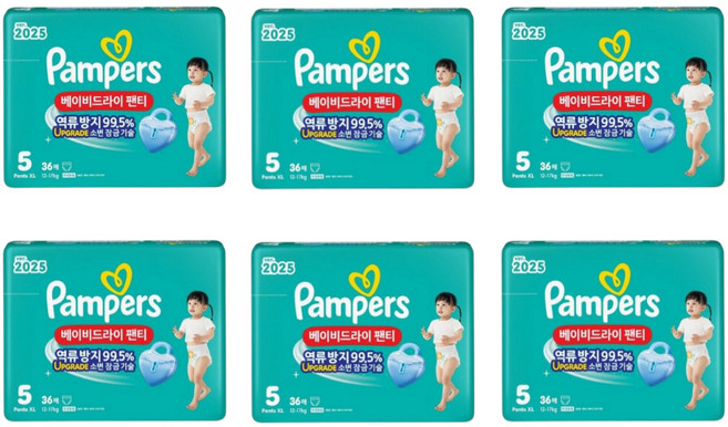 팸퍼스 2025 베이비드라이 팬티형 기저귀 남녀공용 5단계 36매 6개
