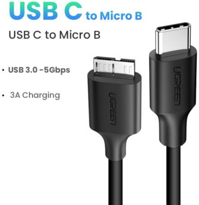 Ugreen-USB C to Micro B 3.0 케이블 5Gbps 3A 맥북 하드 드라이브 디스크 용 고속 데이터 동기화 코드 HDD SSD 케이스 USB c타입 마이크로 B 케, 02 PVC USB C_02 1m