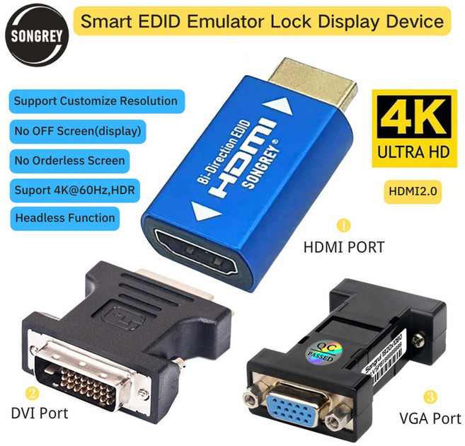 SONGREY HDMI EDID 에뮬레이터 패스 스루 어댑터 더미 플러그 익스텐더 KVM 스위치 AV 리시버 비디오 스플리터 Xbox 게임용, 1920x1080 60Hz or4K, 1920x1080 60Hz or4K