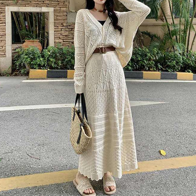 여성 봄 가을 투피스 세트 펀칭 니트 카디건 하이웨스트 스웨터 스커트 세트 슬림소녀