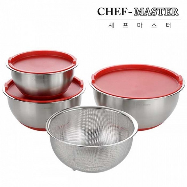 chefmaster 스테인레스 믹싱볼 3종 + 채반 세트, 28cm(1P) + 24cm (1P) + 20cm(1P) + 채반(1P), 1세트