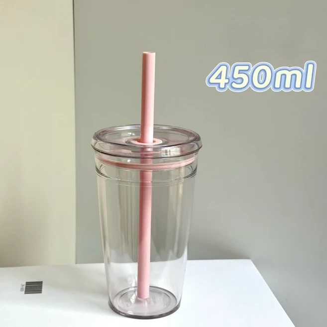 신제품 450ml 음료용 빨대 컵 재사용 가능한 투명 커피 플라스틱 단층 자동차 텀블러 가정용, 01 Pink