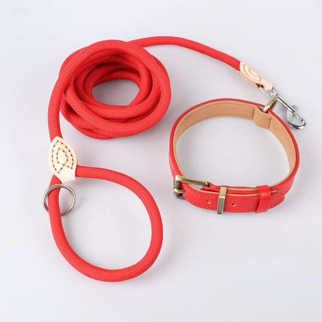 모즈펫 강아지 가죽목줄+리드줄, 1세트, 프리미엄 레드