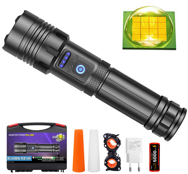 몬스터파워 프로160 LED 해루질랜턴 후레쉬 손전등 충전식 써치라이트 XHP160 방수, 1세트