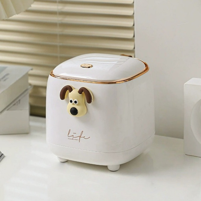 DAIRUSO 귀여운 강아지 원터치 미니 휴지통, 우유 화이트