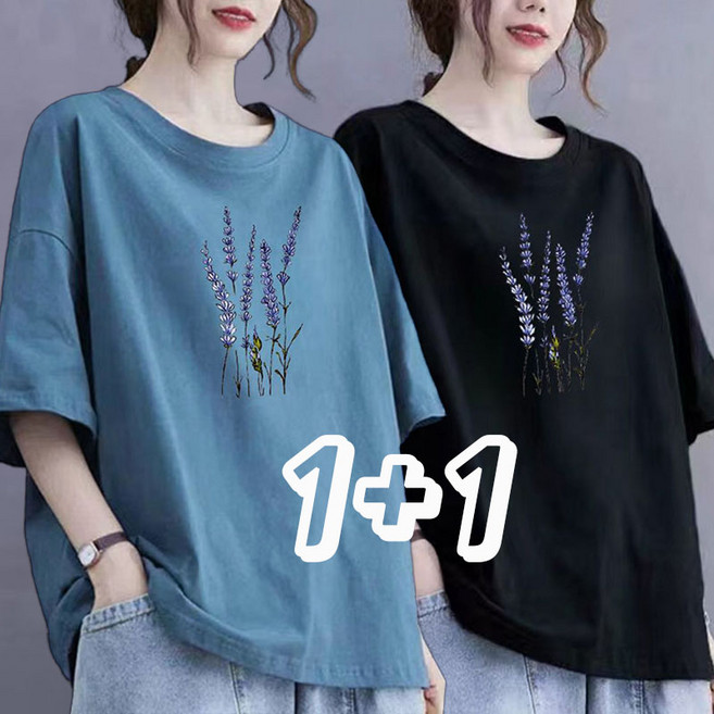 1+1 중년여성 반팔티 프린팅 데일리 라운드넥 여름티 오버핏 날씬해보이는 엄마티 반팔 티셔츠 상의