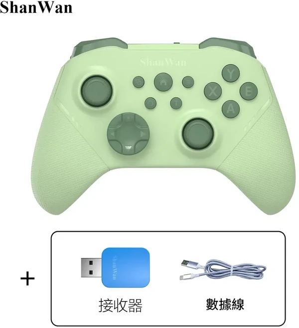 ShanWan 經典Xbox佈局 藍芽無線遊戲手柄 三模連線 六軸陀螺儀 霍爾搖桿, Q34B薄荷綠 接收器 充電線, 1個, T4N