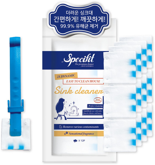 스페시핏 싱크대 배수구 클리너 일회용 청소포 스틱포함 세트, 5g, 12개