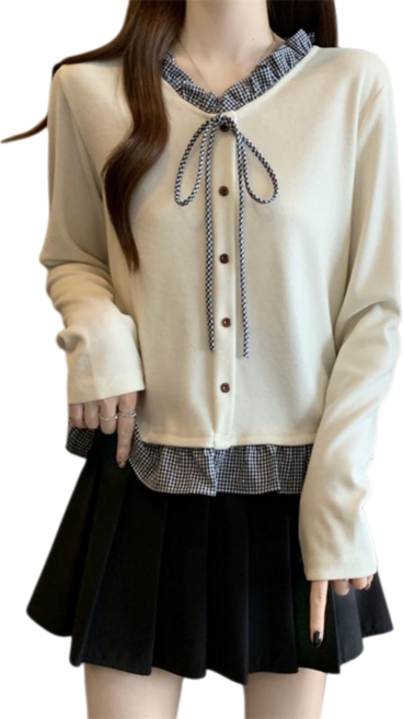 Makone 여성 라운드 프릴 패치 물결 데일리 레이어드핏 티셔츠