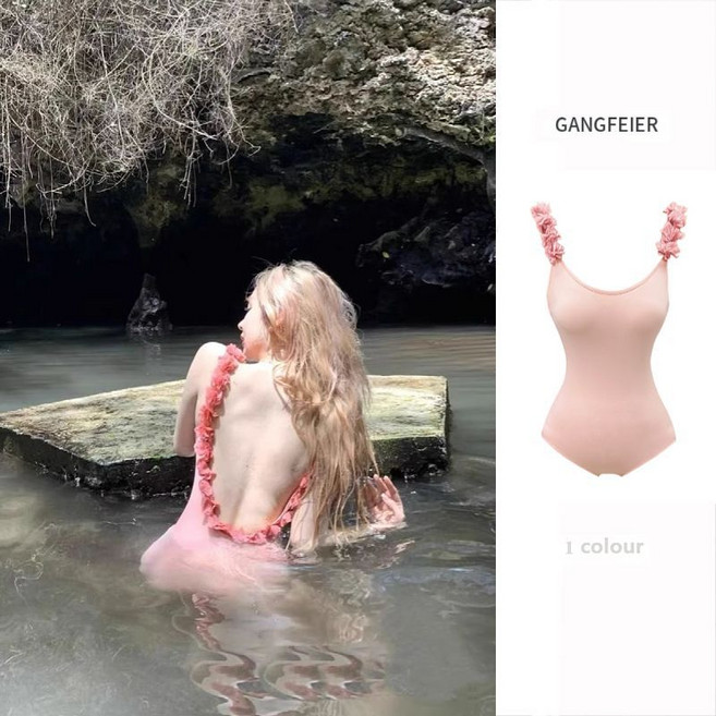 Akimu 여성 캡내장 입체 플라워 슬림 원피스 온천 수영복, 핑크