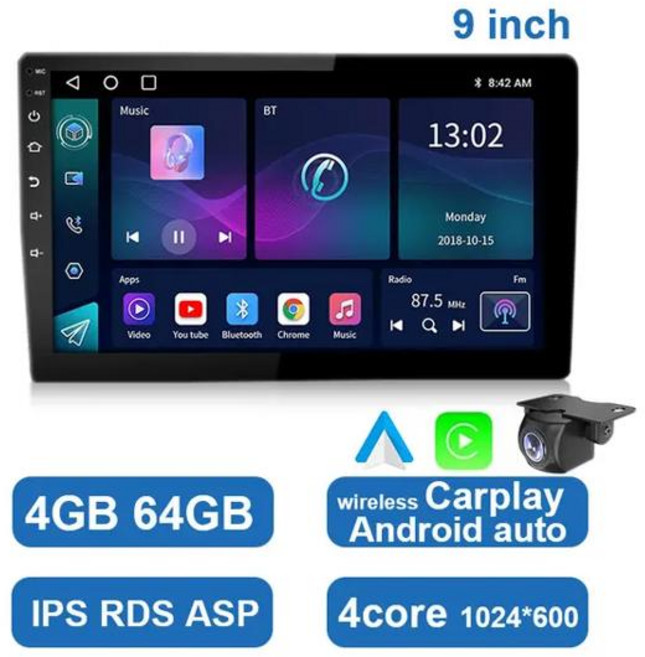 차량용 자동차 후방 카메라 ESSGOO 범용 멀티미디어 플레이어 안드로이드 카플레이 자동 라디오 스테레오 720P AHD 7 9 10 인치 2G 32G 2 Din, 05 9inch 4 64GB camera, 1개