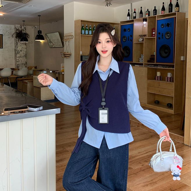 Yumico 여성 링클프리 셔츠 레이어드 니트 베스트 세트 루즈핏 체형커버 출근룩 하객룩 데일리 블라우스 가디건 투피스