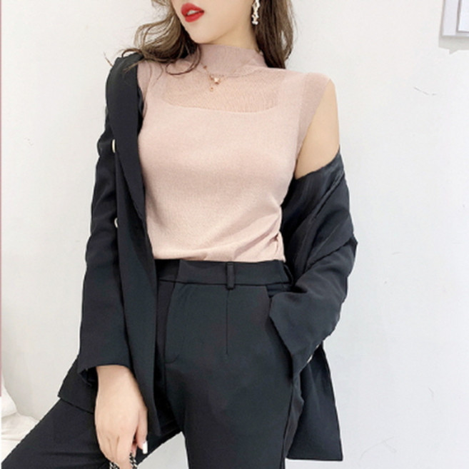 뉴욕멋쟁이 온스타일러 데일리 반폴라 니트 민소매 티셔츠 캡소매 (팔뚝날씬효과)