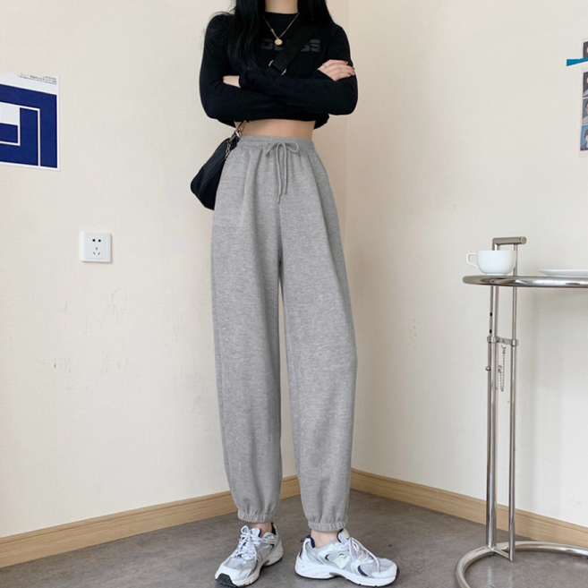 【HanVo】率性休閒感鋪棉束口哈倫棉褲 鬆棉長褲