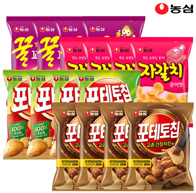 포테토칩교촌간장치킨맛4봉+양파링4봉+새우깡4봉+꿀꽈배기4봉, 16개, 55g