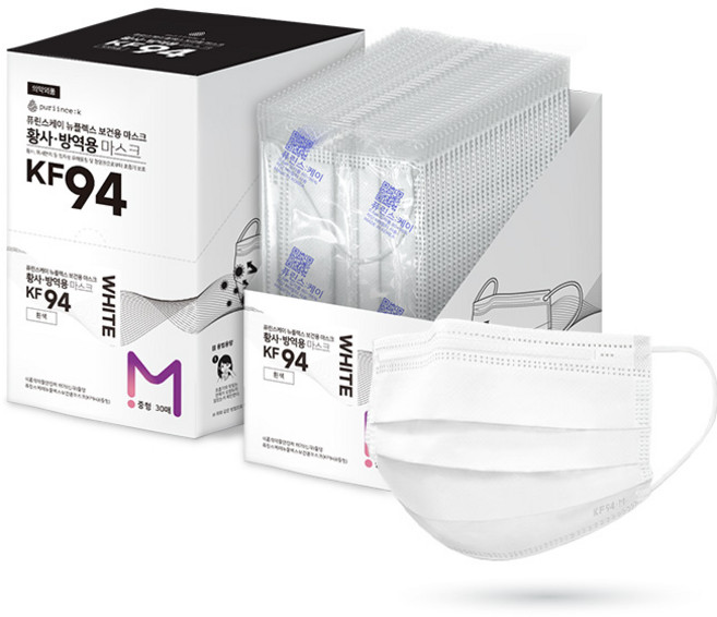 KF94 덴탈 마스크 중형 개별포장 국산 학교 허용 퓨린스케이, 94W-3M_작은 중형_흰색_30매_개별포장, 1개, 30매