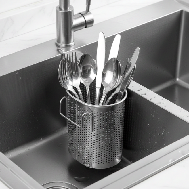 간편한 걸이형 스테인리스 물빠짐 수저통, 1개, 실버