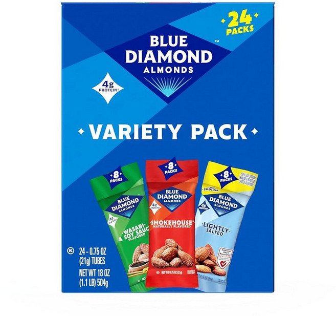 Blue Diamond Almonds 어린이 사무실 학교 이동 중에도 사용할 수 있는 스낵 너트 버라이어티 팩 21.3g0.75온스 글루텐 프리 개별 와사비 장 가벼운 소금 스, Classic Variety, Pack of 1