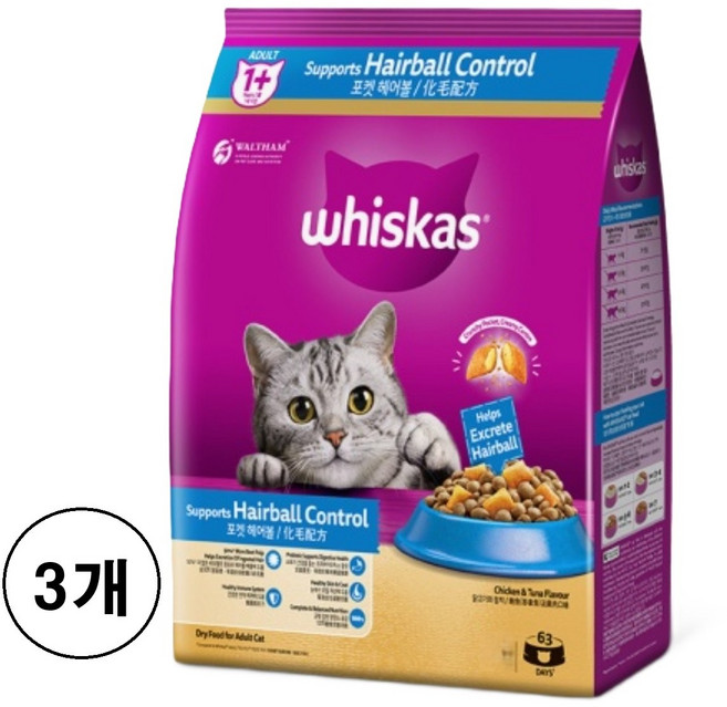위스카스 고양이 건식사료, 닭+참치, 1.1kg, 3개