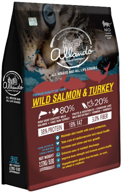 Allando 奧蘭多 全魚配方 天然無穀貓乾糧 80%肉含量 2.27kg, 1個, 野生鮭魚+火雞肉,2.27kg