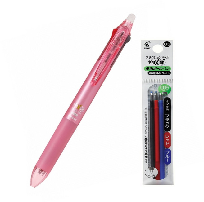 파이롯트 프릭션 지워지는 멀티 볼펜 0.5mm 리필심 세트, 3색 소프트핑크 1개+리필 혼합 3개입 1개