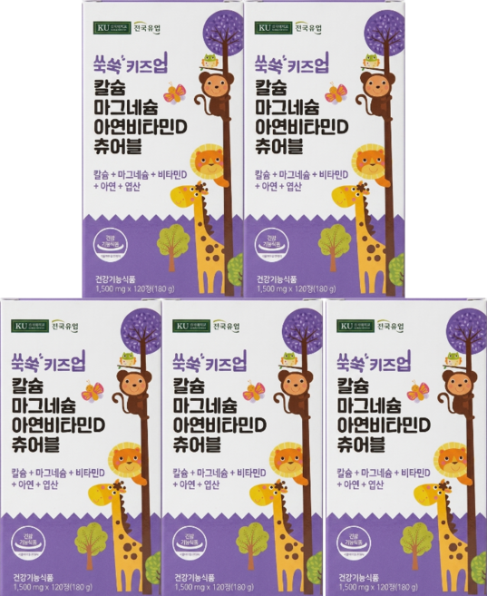 건국유업 쑥쑥 키즈업 칼슘 마그네슘 아연 비타민D 츄어블 180g, 120정, 5개