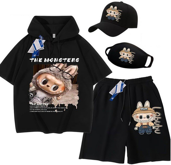 라부부 후드 반팔티 반바지 상하세트 캡 모자 마스크 4피스