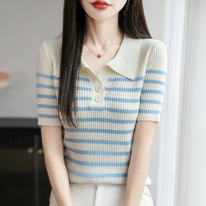lofei 여성 여름 시원한 스트라이프 카라 반팔 니트 TX15
