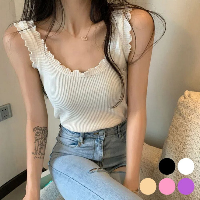 어깨 목 밑단 주름 나시티 URD-366 jw2+80424fY