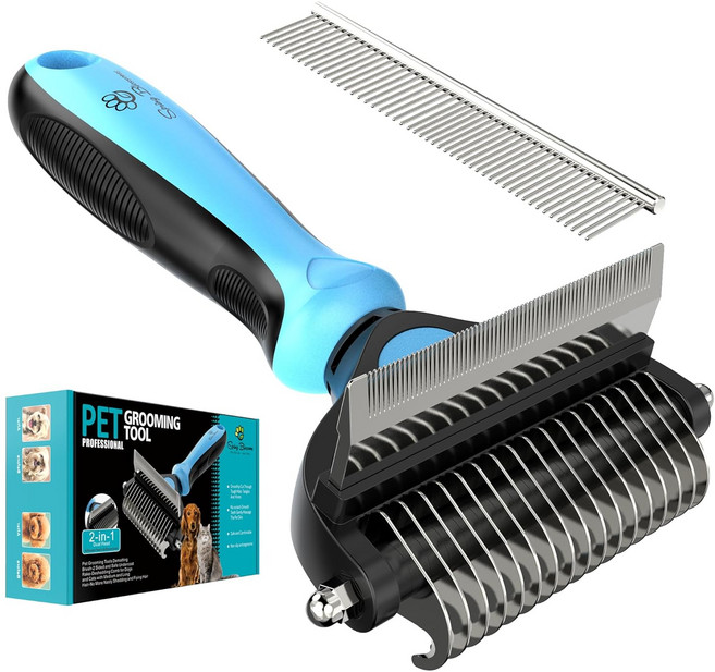 Spring Blossoms-봄꽃 2 in 1 고양이 & 강아지용 전문 미용 브러시 - 엉킨 털 털뭉치 제거 애완동물용 안전 브러시 탈모와 성가신 털 날림 문제 해결, 1세트, 블루