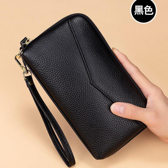 女士牛皮長款手拿包, 黑色