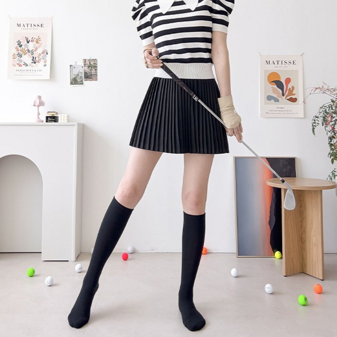 쿠션 무지 골프 스포츠전용 푹신한 파일 여자 여자 골프 양말 니삭스, 블랙, 1개