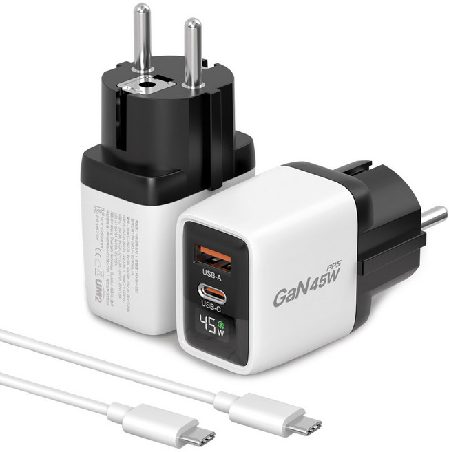45W GaN PD PPS 접지 2포트 멀티 초고속 충전기 PD45W-LED, 1개, 화이트