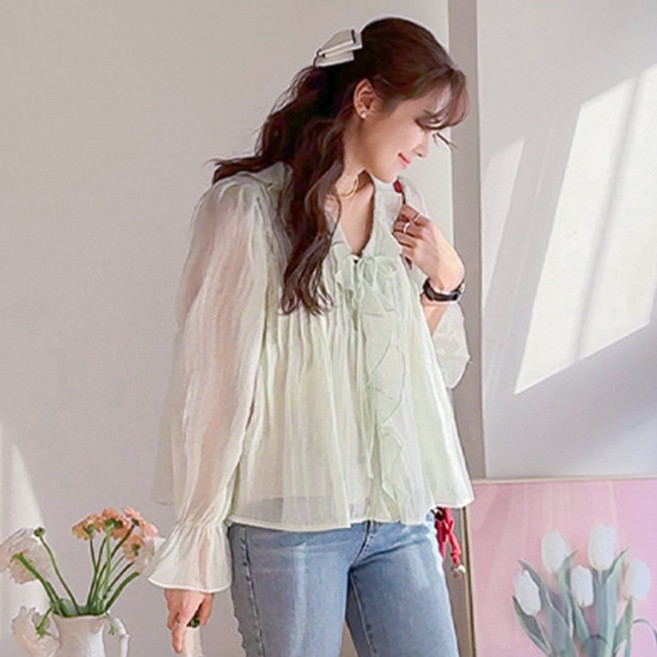 리린 비침걱정없는 로벨리 하늘하늘 러플 핀턱 리본타이 블라우스 2918169
