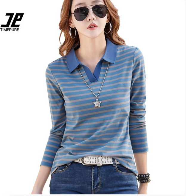 여성용 줄무늬 폴로 티셔츠 봄 가을 심플 골프티 브이넥 면소재 상의 카라 골프웨어 일상 슬림핏 클래식 폴로티 셔츠 면티