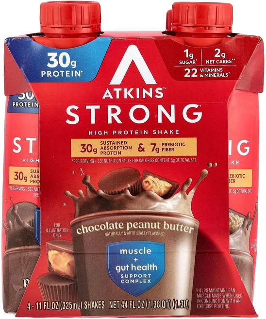 Atkins 스트롱 하이 프로틴 셰이크 초콜릿 땅콩 버터 4가지 개당 325ml(11fl oz) Atkins (앳킨스), Atkins, 스트롱, 하이 프로틴 셰이크, 초콜릿 땅 - 쿠팡